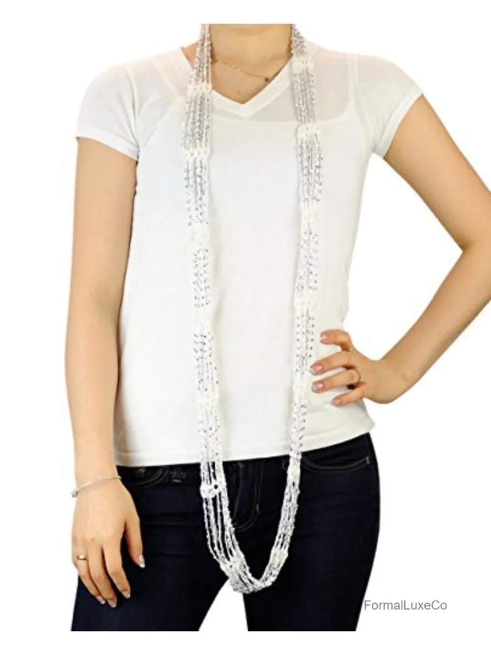 Polyester Beaded Skinny Fishnet Infinity Loop Scarf